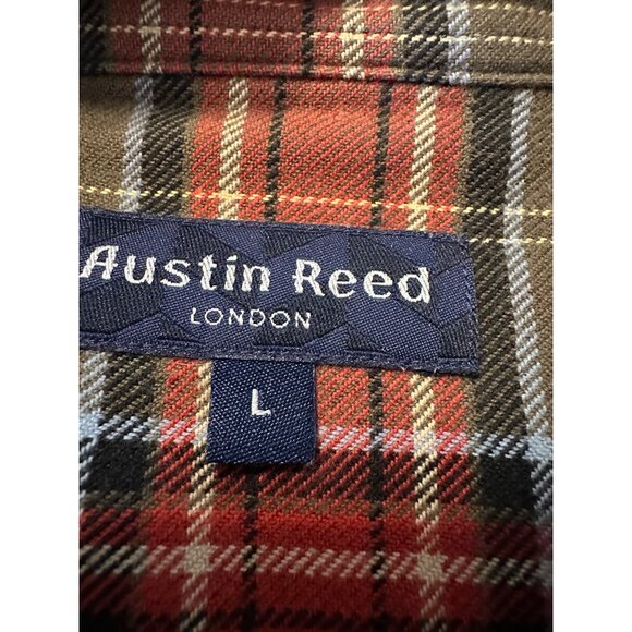 Austin Reed Mens L Cotton Flannel Plaid Shirt Suede Elbow Patches pockets chore - Picture 8 of 14